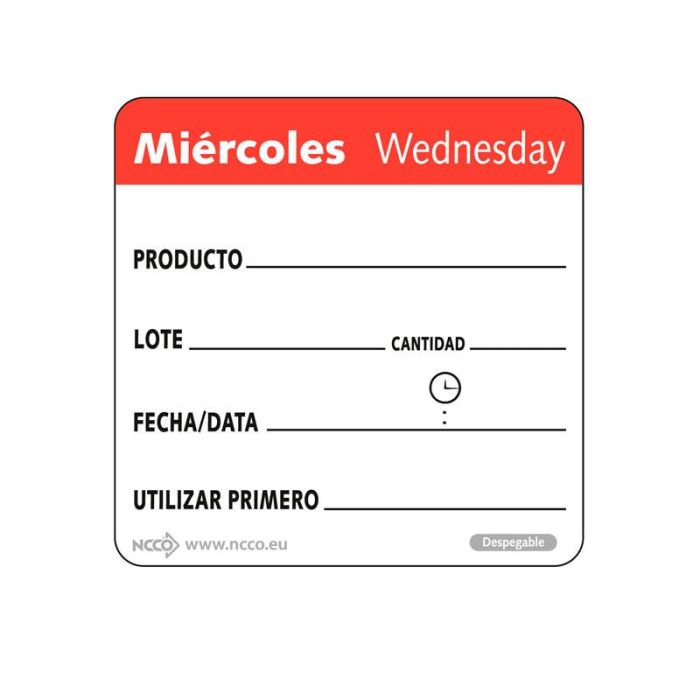 NCCO SRIDU2203 - Rollo de 500 etiquetas - "MIÉRCOLES" - 5 x 5 cm - Blanco y rojo - Venta 1 unidad.