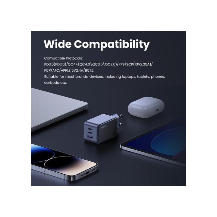 UGREEN 35042 Cargador Nexode Air 65W, 2x USB-C, 1x USB-A, Carga Rápida, Gris