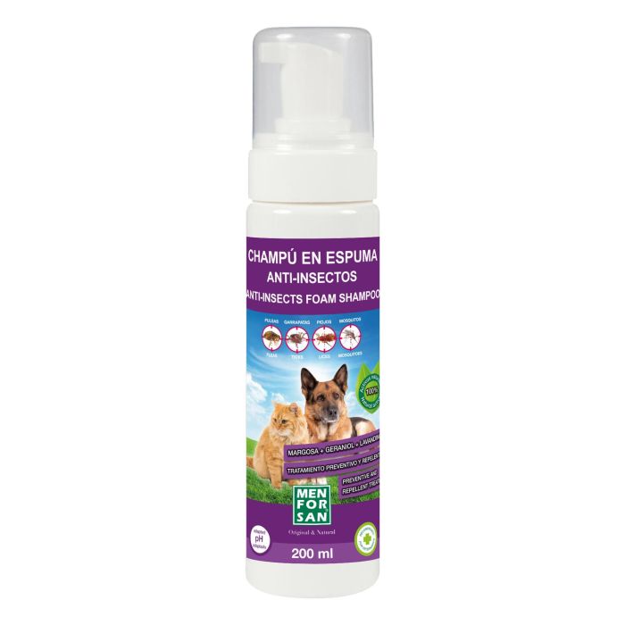 Men For San Champú Espuma Repelente Anti-Insectos para Perros y Gatos, con Margosa, Geraniol, Lavandino y Sin Aclarado, 200 ml
