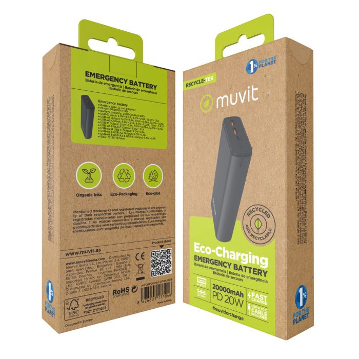 Powerbank Muvit for Change DP200G-R-PD Negro 20 W 1