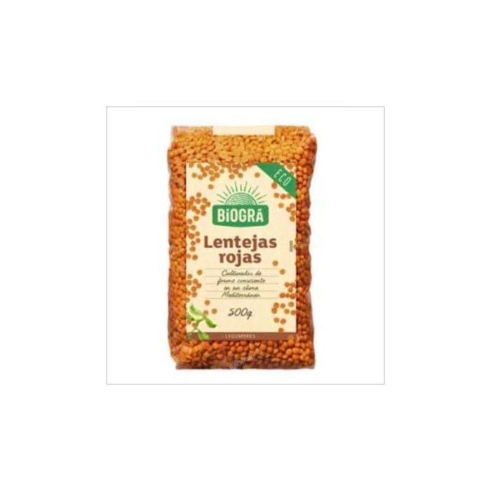 BIOGRA Lentejas Rojas Ecológicas 500g, Alto Contenido Proteínas, Fuente de Fibra, Alimento Vegano y Sin Lactosa