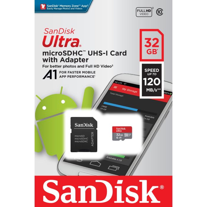 Sandisk Flash Memory Ultra 32Gb 120Mbs C10 Card+Adp SDSQUA4-032G-GN6MA 2