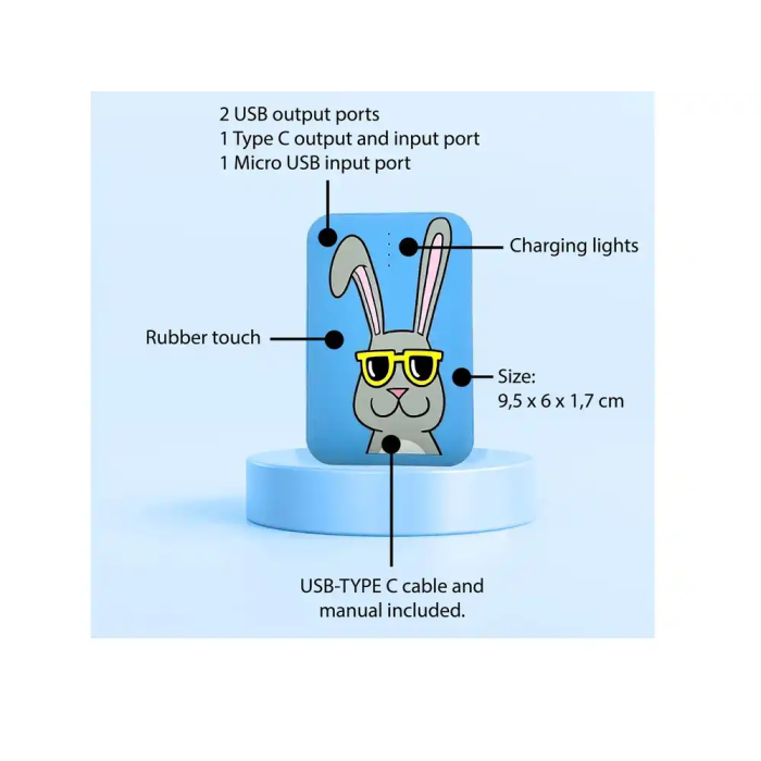 Wondee Batería Externa 10.000 mAh Conejo Gafas Sol Diseño Alegre y Estilo 2