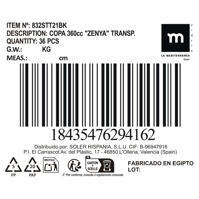 La Mediterranea Copa Zenya 360cc Transparente Ø9x16cm (24 Unidades)