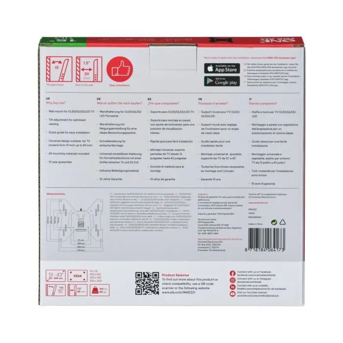 One For All WM2221 Soporte de TV Inclinable para Pantallas de 13 a 40 Pulgadas (33-102 cm), Carga Máxima 50kg, 10 Años Garantía 3