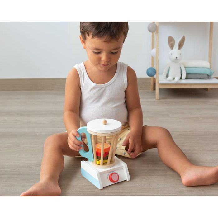 KioKids Batidora de Juguete de Madera, tipo vaso, con 4 Frutas (Kiwi, Fresa, Naranja, Pera). Imitación Cocina para Niños +3 Años. Material Seguro, Multicolor. 1