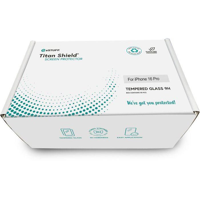 eSTUFF Protector de Pantalla Transparente INFINITE para iPhone 16 Pro, 60% Vidrio Reciclado, 50 pcs Titan Shield 3