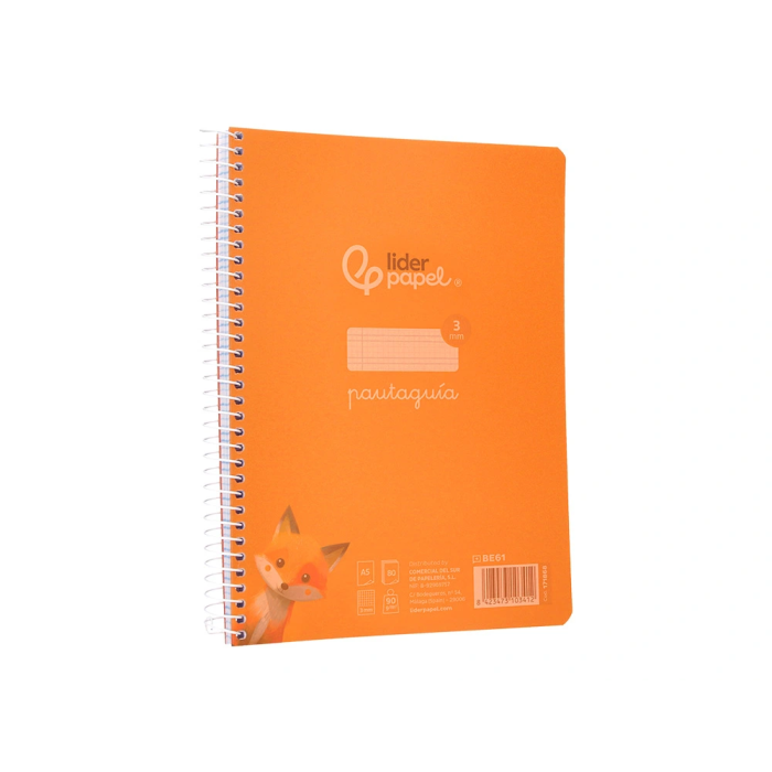 Liderpapel Cuaderno espiral Pautaguía A5, Tapa Plástico, 80 Hojas 90gr, Cuadro Pautado 3mm, Color Naranja 4