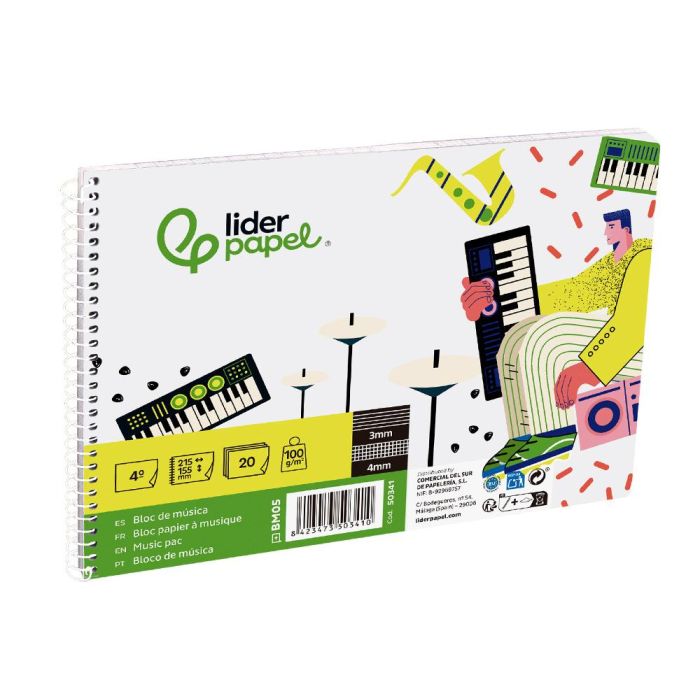 Bloc Musica Liderpapel Combi Pentagrama 3 mm Mas Cuadricula De 4 mm Para Anotaciones Cuarto20 Hojas 100 gr-M2 2