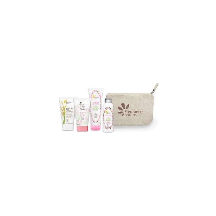 FLEURANCE NATURE Cofre Neceser Rosa: 4 Productos Viaje con Agua Micelar, Champú Suave, Gel Ducha Rosas y Leche Corporal Hidratante 50ml