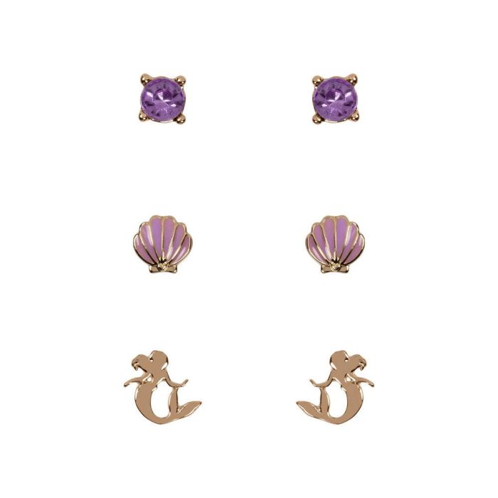 Disney Set 3 Pares de Pendientes La Sirenita Ariel con Piedras Moradas y Diseño Dorado