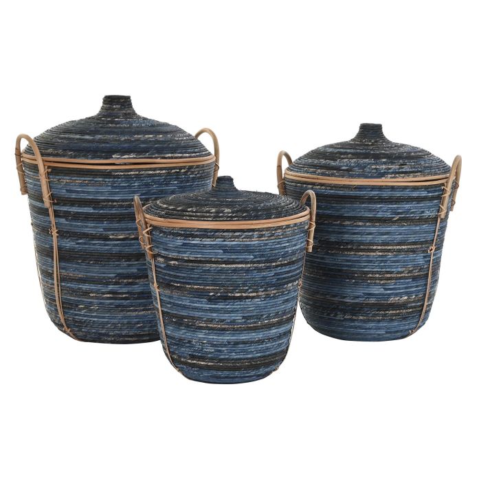 DKD Home Decor Cesta Decorativa Boho de Almacenaje Ratán Azul Negro | Set 3 Piezas | 51 cm Ancho x 51 cm Largo x 65 cm Alto 3 DKD Home Decor Cesta Decorativa Boho de Almacenaje Ratán Azul Negro | Set 3 Piezas | 51 cm Ancho x 51 cm Largo x 65 cm Alto 3