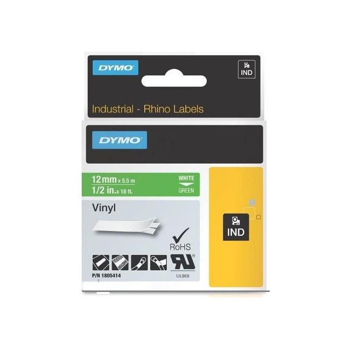 Dymo Id1-12 Cinta de Etiquetas Industrial Adhesiva Vinilo Blanco sobre Verde 12 mm x 5.5 m