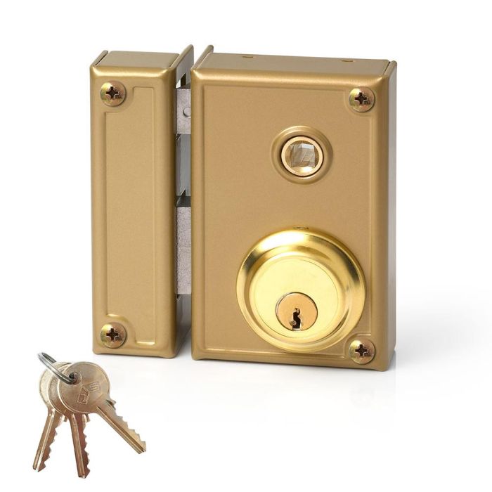 Jis Cerradura de sobreponer con manilla, golpe y llave 70mm izquierda, cilindro fijo 52mm, dorado, referencia 35-7i 0 Jis Cerradura de sobreponer con manilla, golpe y llave 70mm izquierda, cilindro fijo 52mm, dorado, referencia 35-7i 0
