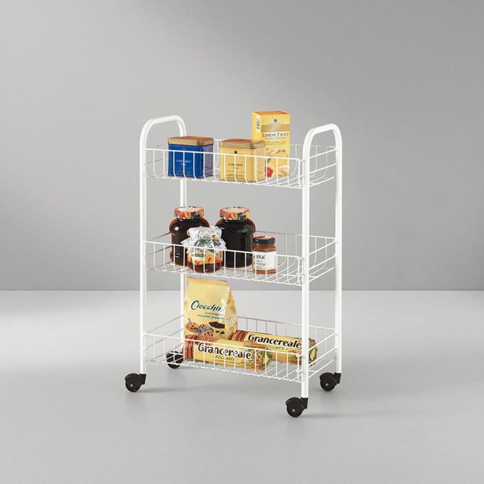 Metaltex Carro multiusos 3 estantes 41x23x63 cm con ruedas, alambre plastificado blanco LDPE 3 Metaltex Carro multiusos 3 estantes 41x23x63 cm con ruedas, alambre plastificado blanco LDPE 3