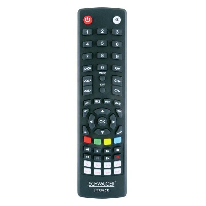 Schwaiger UFB3802533 Mando a distancia universal 8 en 1 preprogramado en negro para DTV y TV