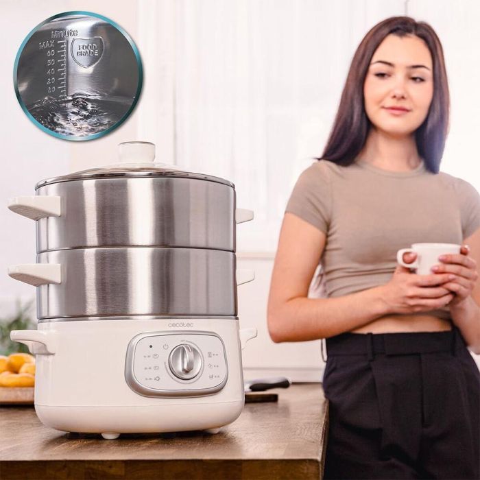 Cecotec Vaporera eléctrica SteelPot 1300W, 3 recipientes inox, apagado automático, blanca 10