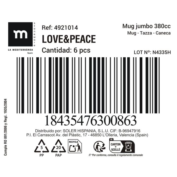 Inde Mug Jumbo 380 cc "Love&Peace" ø8.2x11 cm 1