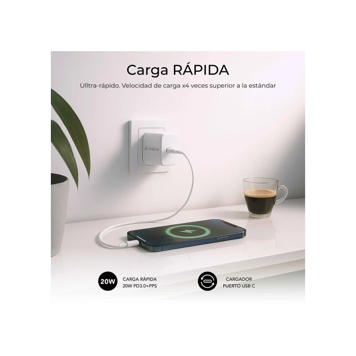SUBBLIM Cargador USB-C GaN 20W PD 3.0 PPS SUBCHG-6G2001 Carga Rápida para iPhone, iPad, Galaxy, Pixel, Xiaomi Ultraportátil y Seguro