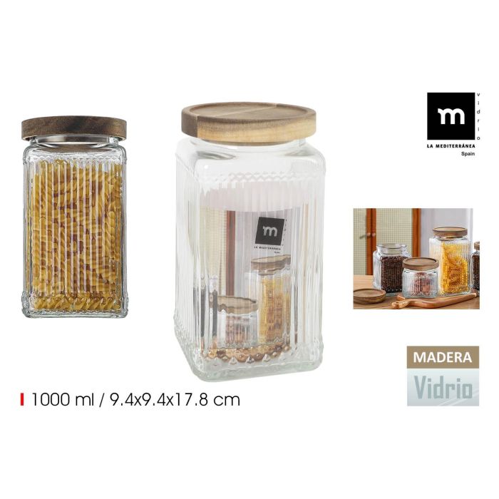 Tarro de vidrio cuad.T con tapa de madera Lignes 1L - La Mediterranea (12 Unidades) Tarro de vidrio cuad.T con tapa de madera Lignes 1L - La Mediterranea (12 Unidades)
