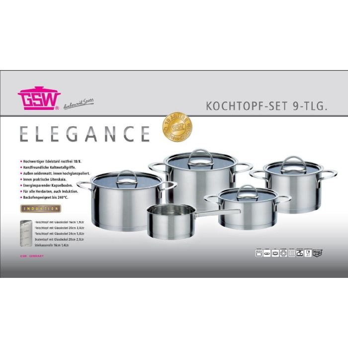 GSW Elegance - Juego de Utensilios de Cocina de Acero Inoxidable - 9 Piezas - Todas las Placas, Inducción 1