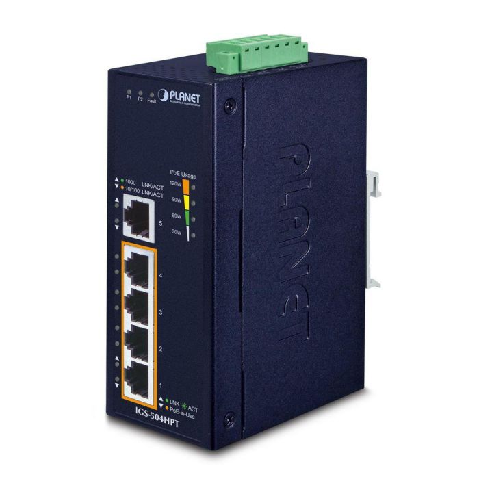 Planet IGS-504HPT Switch Industrial PoE+ Gigabit 4 Puertos 802.3at + 1 Uplink. No Gestionado, DIN-Rail, IP40, -40 a 75°C.