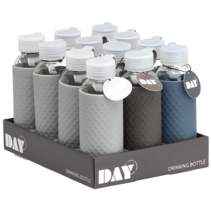 Day Botella de Vidrio Transparente y Silicona 450 ml con Funda Antideslizante y Tapón de Rosca con Anilla, Colores Surtidos 3