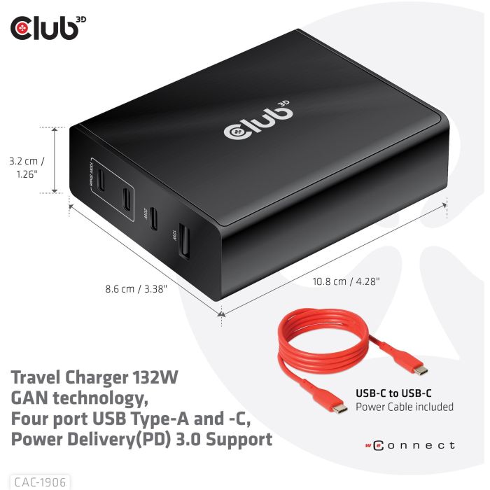 Club3D Ladegerät 3xUSB Typ C. 1xUSB Typ A. PD 132W. GaN retail 9 Club3D Ladegerät 3xUSB Typ C. 1xUSB Typ A. PD 132W. GaN retail 9