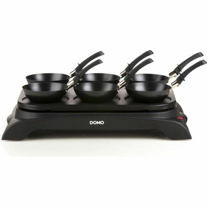Domo DO8710W Crepiere + Wok 2 en 1, Bandeja Antiadherente para Panqueques y 6 Sartenes Wok para 6 Personas, 1000W, Negro