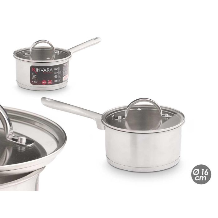 Cazo inducción Kinvara 16 cm con tapa de cristal, acero inoxidable, 1 litro (8 Unidades) Cazo inducción Kinvara 16 cm con tapa de cristal, acero inoxidable, 1 litro (8 Unidades)