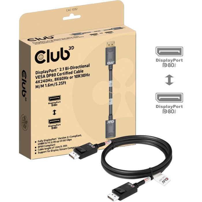 Club3D DP-Kabel 2.1 DP80 Cable DisplayPort 2.1 certificado VESA, 1.6m, 10K/8K/4K, 240Hz, Macho/Macho 1 Club3D DP-Kabel 2.1 DP80 Cable DisplayPort 2.1 certificado VESA, 1.6m, 10K/8K/4K, 240Hz, Macho/Macho 1