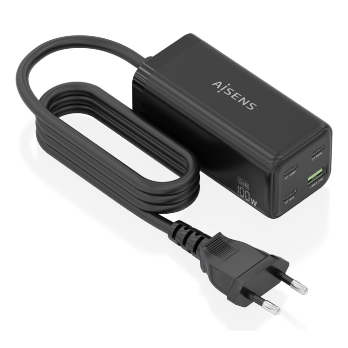 AISENS Cargador Sobremesa GaN 100W, 3x USB-C PD3.0 QC4.0 QC5.0, 1x USB-A QC3.0, Negro