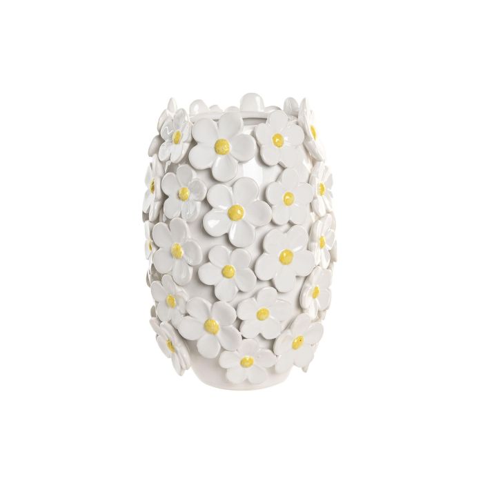 DKD Home Decor Jarrón Shabby Blanco Amarillo 18 x 18 x 27 cm con Margaritas