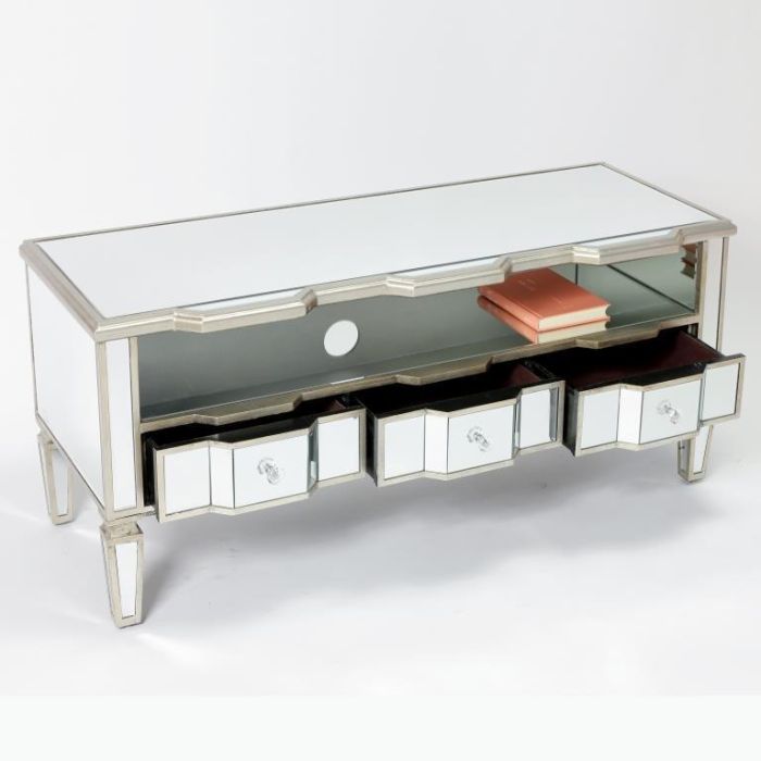 DKD Home Decor Mueble TV Glam Espejo Plateado 112 x 45 x 50 cm con 3 Cajones 1