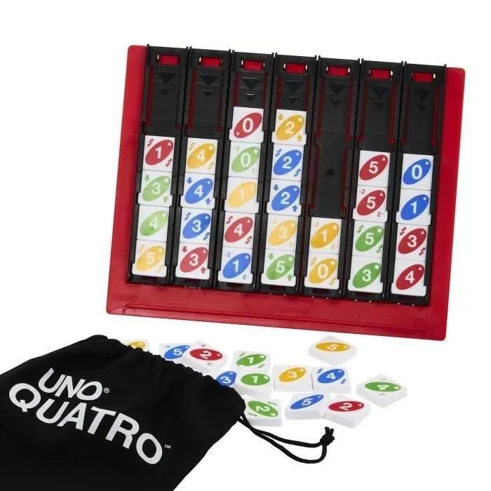 Mattel Games HPF82 UNO Quatro Juego de Cartas Familiar con Mecánica de Cuatro en Raya y Acciones Especiales