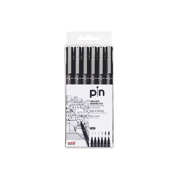 Uniball Pin-200S-6P Rotulador Calibrado Negro, Estuche 6 Unidades con Trazo 0.03, 0.05, 0.1, 0.3, 0.5, 0.8 mm