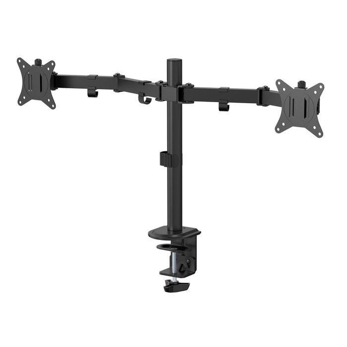 eSTUFF Soporte de escritorio doble para monitor ergonómico, inclinable, giratorio, con ajuste de altura, VESA, gestión de cables