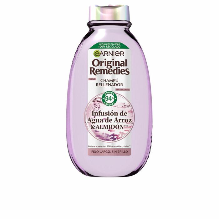 Garnier Original Remedies Champú Agua de Arroz 300 ml - Cabello Largo y Opaco, 72h Hidratación, Vegano