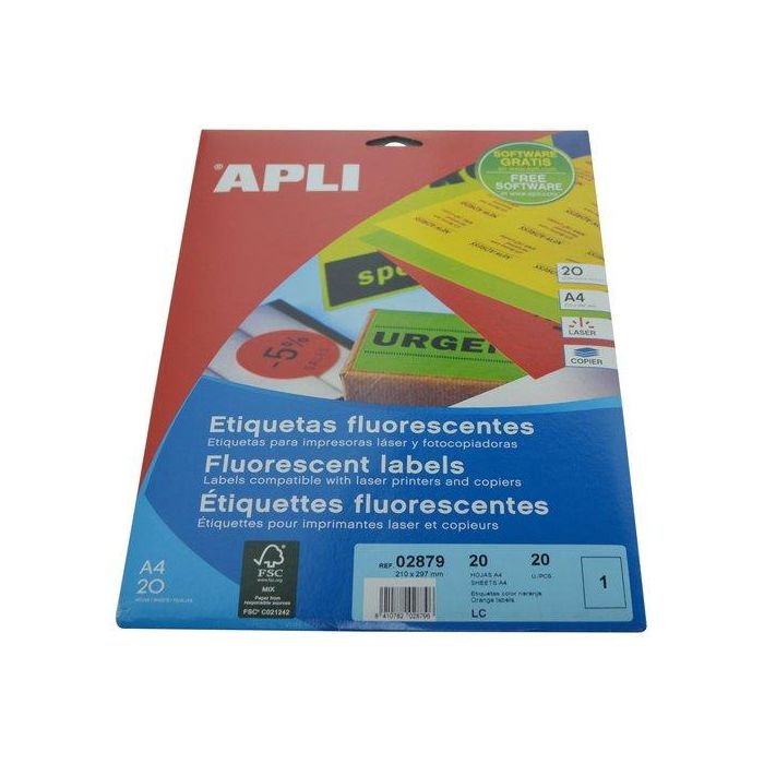 Apli Etiqueta Adhesiva 02879 210x297 mm Fluorescente Naranja DIN A4 Láser Caja 20 Hojas