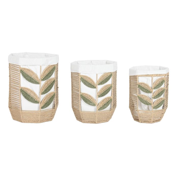 DKD Home Decor Cesta Tropical Verde Natural Fibra Poliester Set de 3 Piezas 41 x 51 x 41 cm