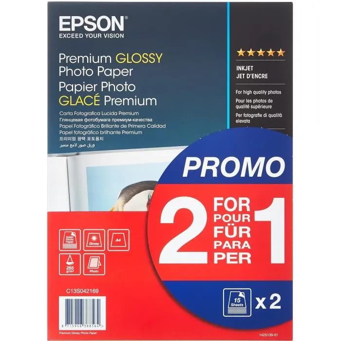 Epson Papel Premium Glossy Photo 255 gr, A4, 15h. Promocion 2x1 1