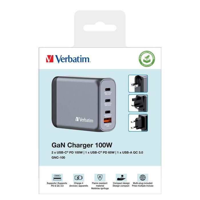 Verbatim GNC-100 Cargador de Pared Gan 100W con 1x USB-A 3.0 y 3x USB-C 3.0 6