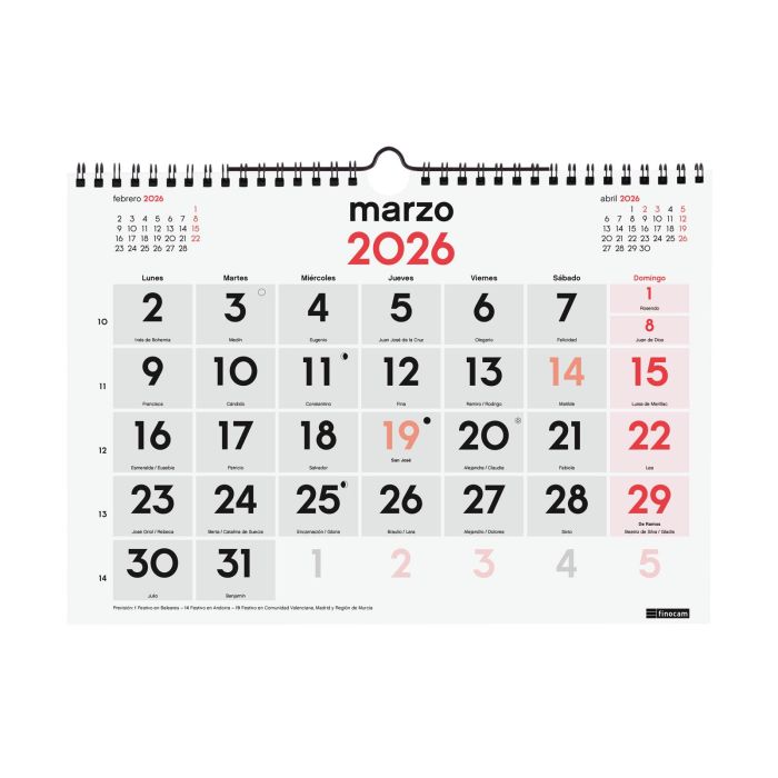 Finocam M-300x210 mm Mv Neutro Calendario de Pared 2026 con Números Grandes, Anual, Doble Espiral 2