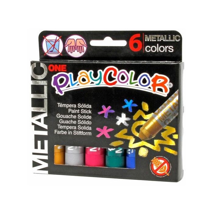 Playcolor Témperas Sólidas Metallic One Barra 10 gr - Estuche de 6 Colores Metálicos - No Arruga el Papel, Uso Escolar