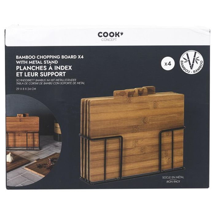 Cook Concept Juego de 4 Tablas de Cortar de Bambú con Pictogramas de Carne, Pescado, Ave y Verdura y Soporte Metálico 1