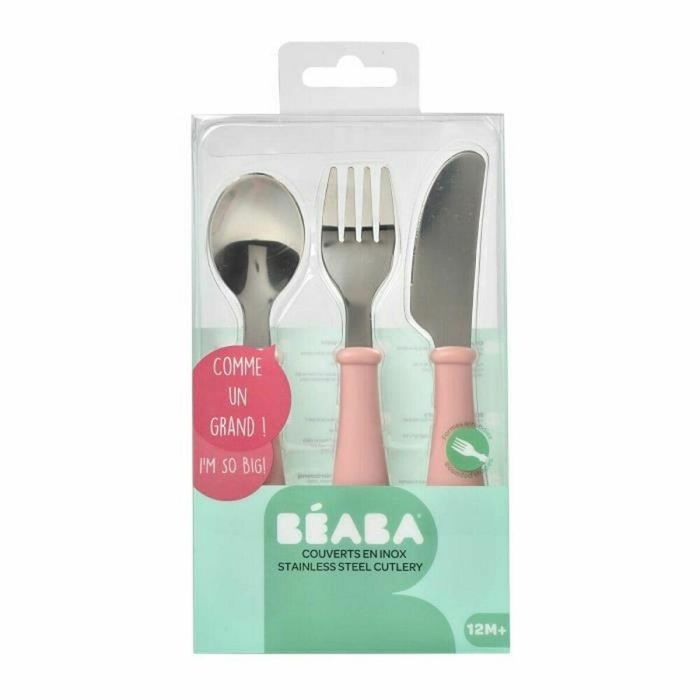 Beaba Set de 3 Cubiertos de Aprendizaje para Bebés de Acero Inoxidable Rosa Cuchara, Tenedor y Cuchillo con Formas Redondeadas 0 Beaba Set de 3 Cubiertos de Aprendizaje para Bebés de Acero Inoxidable Rosa Cuchara, Tenedor y Cuchillo con Formas Redondeadas 0