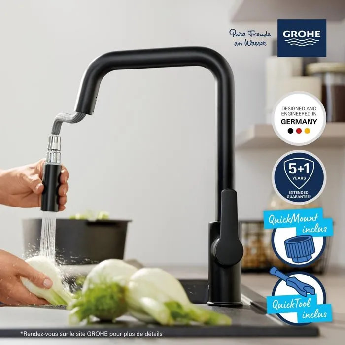 Grohe 306312430 Grifo de Cocina Mezclador Monomando Negro Mate Caño Alto en U con Ducha Extraíble 2