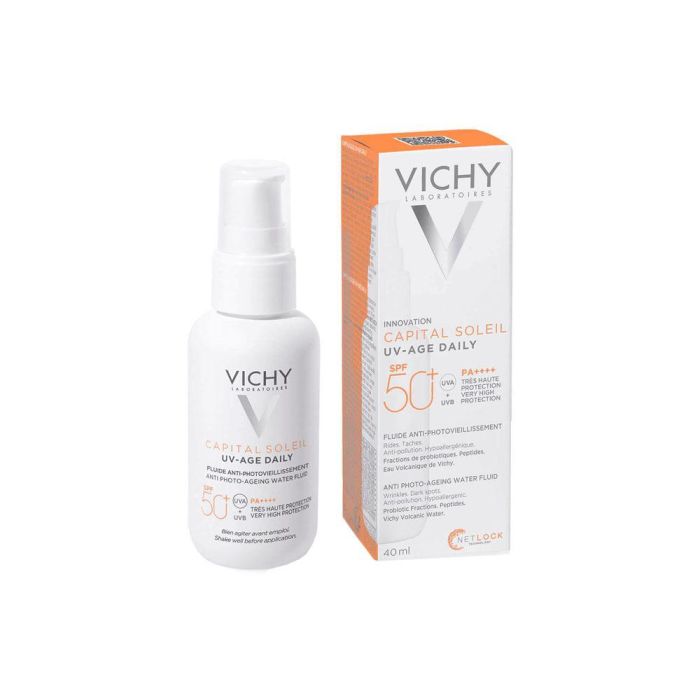 Vichy Capital Soleil UV-Age Daily Water Fluid Fotoprotector Facial Color Light SPF50+ Antiedad, Antimanchas, para Piel Sensible 40 ml