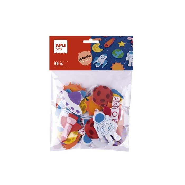 Apli Formas de Goma Eva Adhesivas Diseño Espacio, 56 Piezas en 14 Diseños, 3 a 6 cm, Ideal para Manualidades
