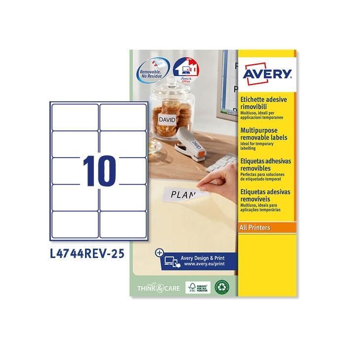 Avery Etiquetas Adhesivas Removibles 96x50,8 mm Inkjet-Láser 10 X 25H Blanco Avery Etiquetas Adhesivas Removibles 96x50,8 mm Inkjet-Láser 10 X 25H Blanco